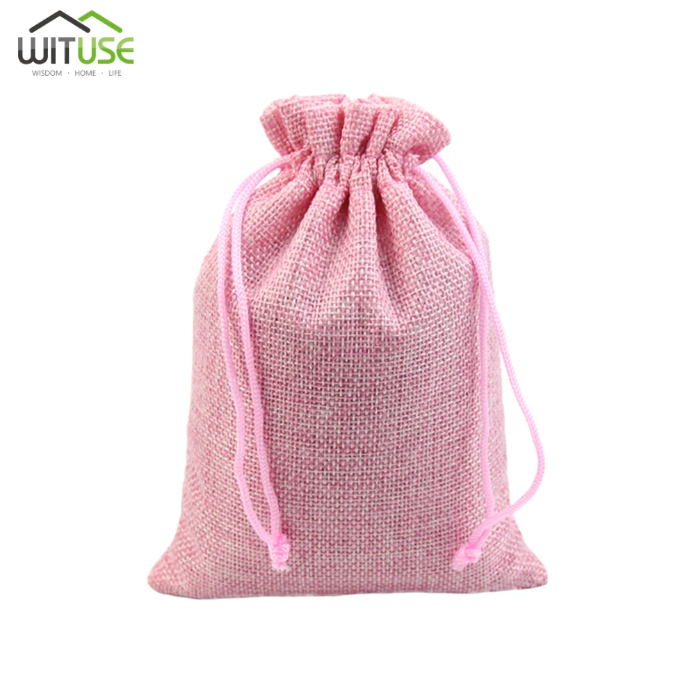 Горячая Распродажа, 5 шт., 7x9, 10x14, 13x18 см, маленькие джутовые сумки для браслетов, упаковки ювелирных изделий, льняные сумки на шнурке, подарочные сумки, 12 цветов - Цвет: Pink
