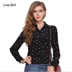 2017, Новая мода Большой Размеры Для женщин блузка якорь печати шифон Рубашка с отложным воротником с лацканами свободные блузки рубашки и