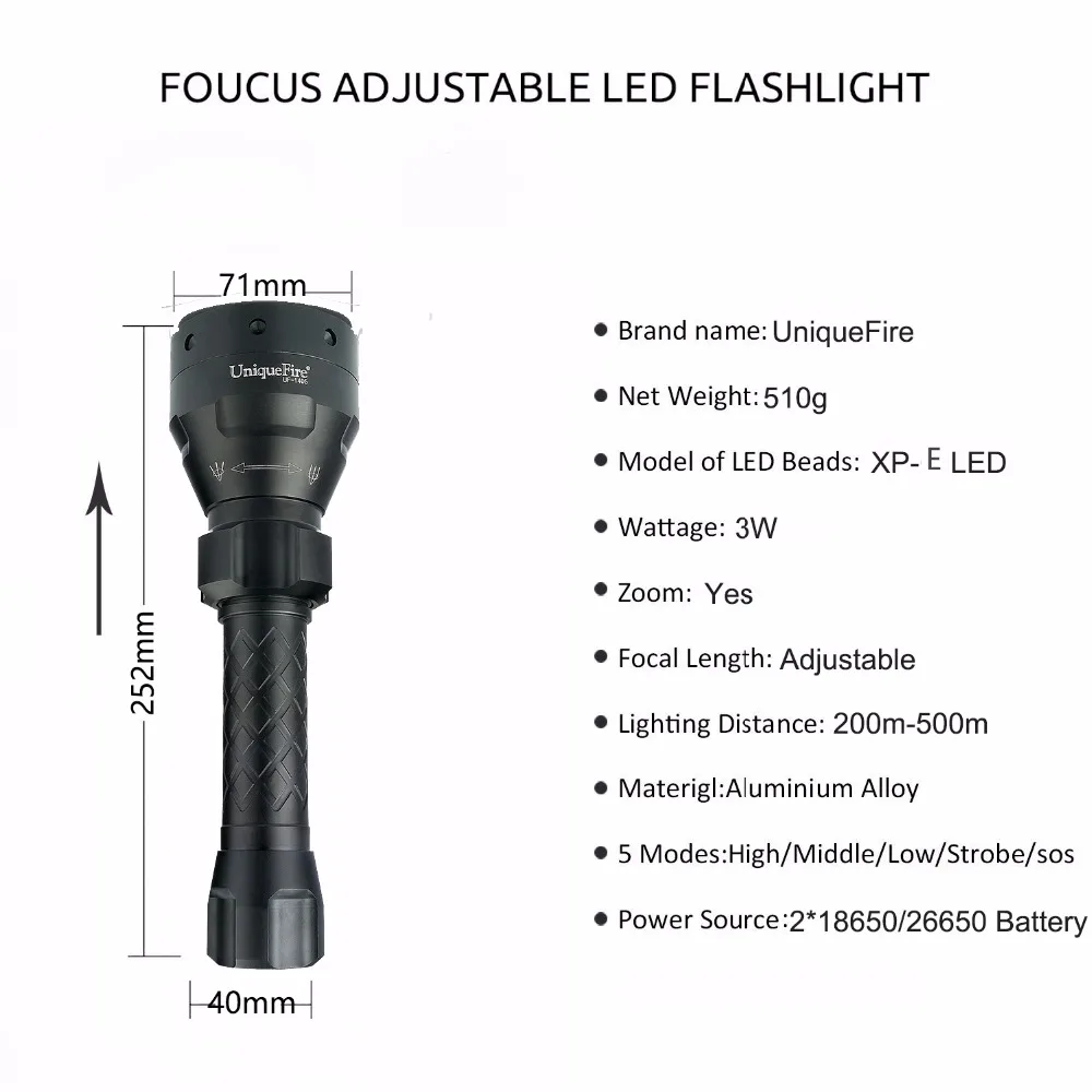 

UniqueFire 250LM 1405 XPE 3 Modes LED Flashlight Rechargeable Torch Tactical Waterproof For Outdoor Hiking and Caving