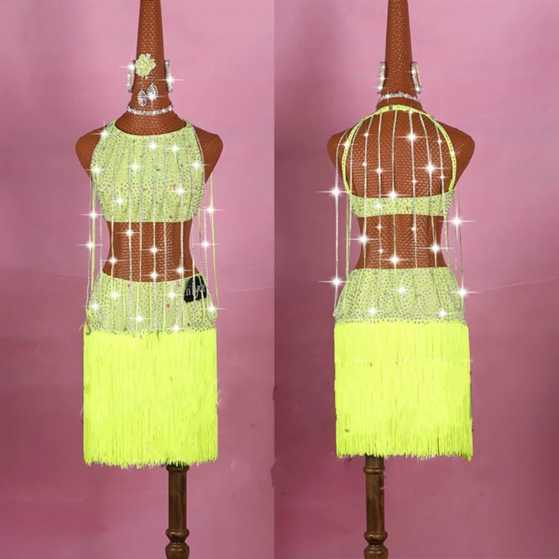 

Rhinestones Lady Latin Dance Dresses Sexy Backless Diamond Tassel Dress For Women Girls Stage Competition performance Clothing