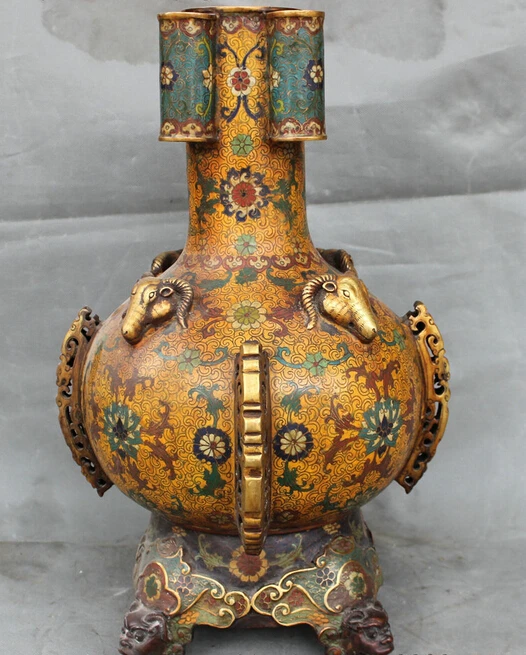 

wholesale factory Folk Chinese 24K Bronze Gold Cloisonne Enamel Sheep Beast Lion Statue Pot Vase