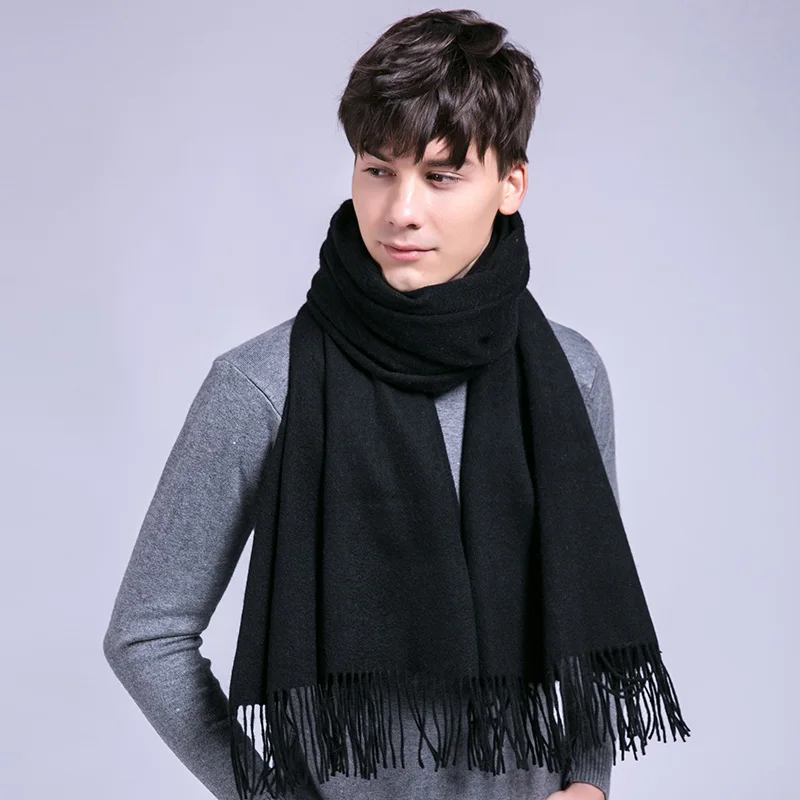 Мужской зимний шерстяной шарф, кашемировый, роскошный,, уплотненный, Одноцветный, теплый, шали и палантины для мужчин, шарф из пашмины, чистая шерсть, шарфы - Цвет: Black