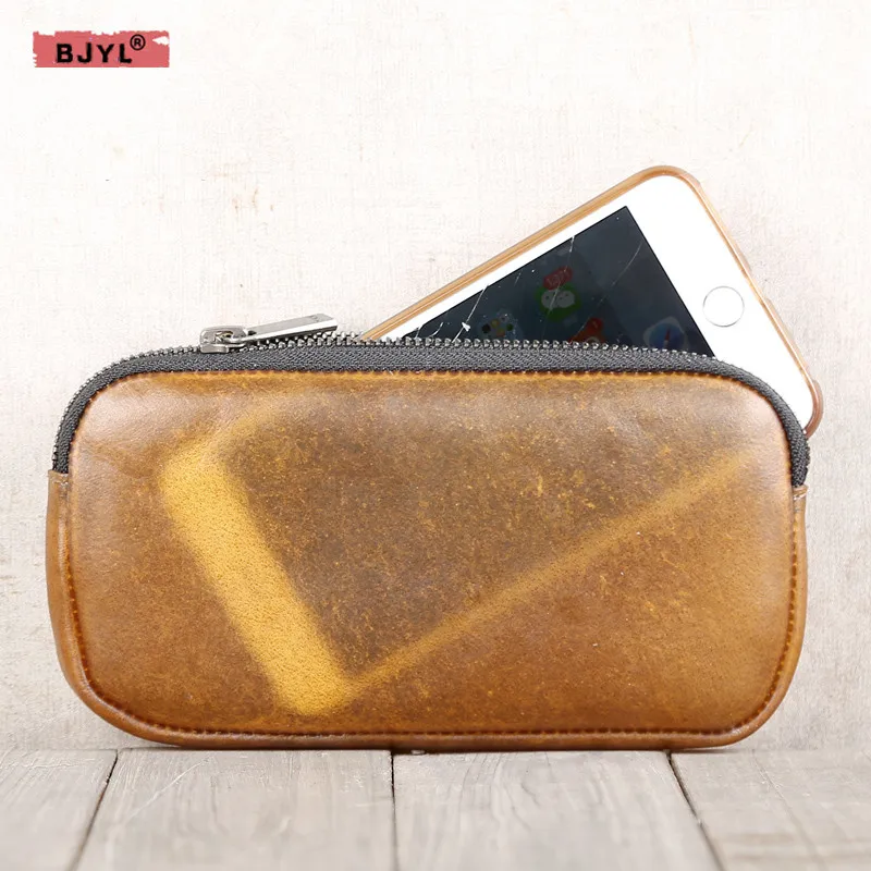 

BJYL Handmade transparent head cowhide horizontal wallet mobile phone leather bag