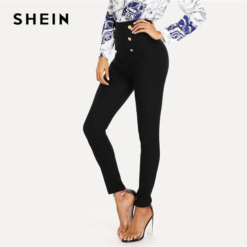 SHEIN, украшенные пуговицами, узкие брюки, элегантные женские, летние, осенние брюки, с молнией сзади, с высокой талией, однотонные, с высокой талией