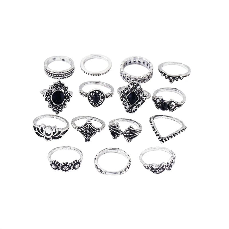 

15 Pieces / Set Of Bohemian Retro Crystal Openwork Lotus Gemstone Silver Ring Set Female Wedding Anniversary Gift