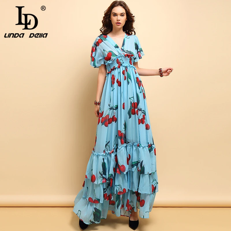 

LD LINDA DELLA Runway Summer Vacation Maxi Dress Women's V-Neck Elastic Waist Fruit Printed Ruffles Elegant Holiday Long Dress