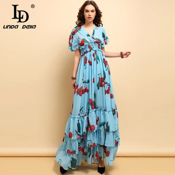 LD LINDA DELLA Runway Summer Vacation Maxi Dress Women's V-Neck Elastic Waist Fruit Printed Ruffles Elegant Holiday Long Dress ld linda della autumn vintage black maxi dress women s v neck ruffles dot tiered layer hem mesh a line party gown long dress