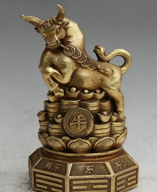 

JP S62 8" Chinese Brass Folk Wealth Feng Shui Zodiac Year Bull Oxen Statue sculpture