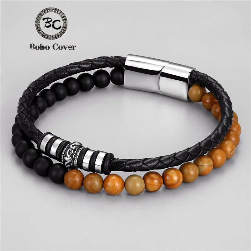 

Men‘s Black Genuine Leather Bracelet Homme Buddha 6mm Natural Stone Beaded stainless steel Magnetic Buckle Bangles femme Jewelry