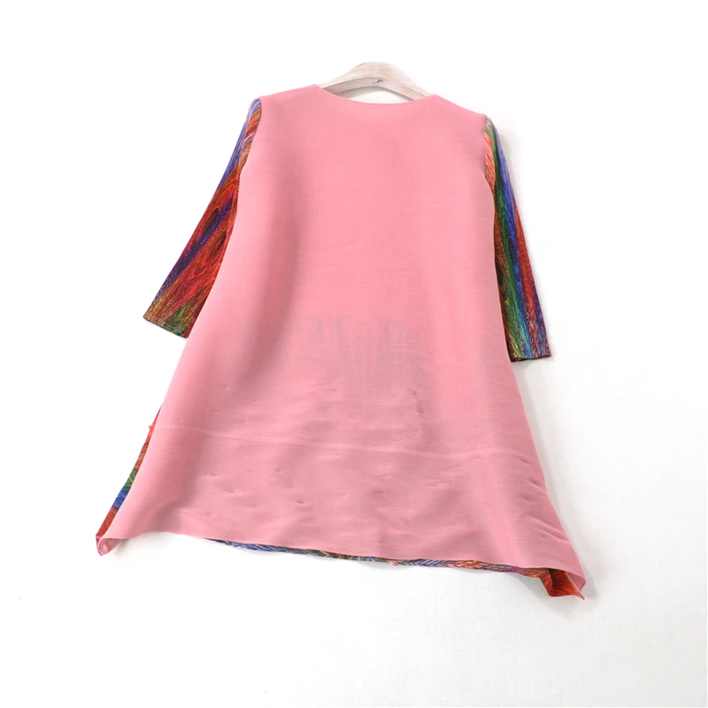 Горячая Распродажа Miyake fold модное перо Павлина печать o-образным вырезом три четверти Бисероплетение A-Line платье доступно