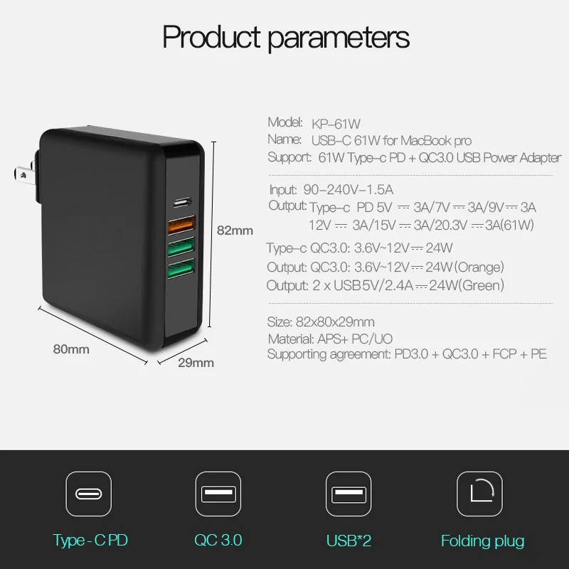 61 W PD نوع C USB شاحن سريع ل ماك بوك هواوي محمول محول الطاقة سريعة تهمة 3.0 هاتف لوحي شاحن يو اس بي لنا الاتحاد الأوروبي المملكة المتحدة 3 التوصيل