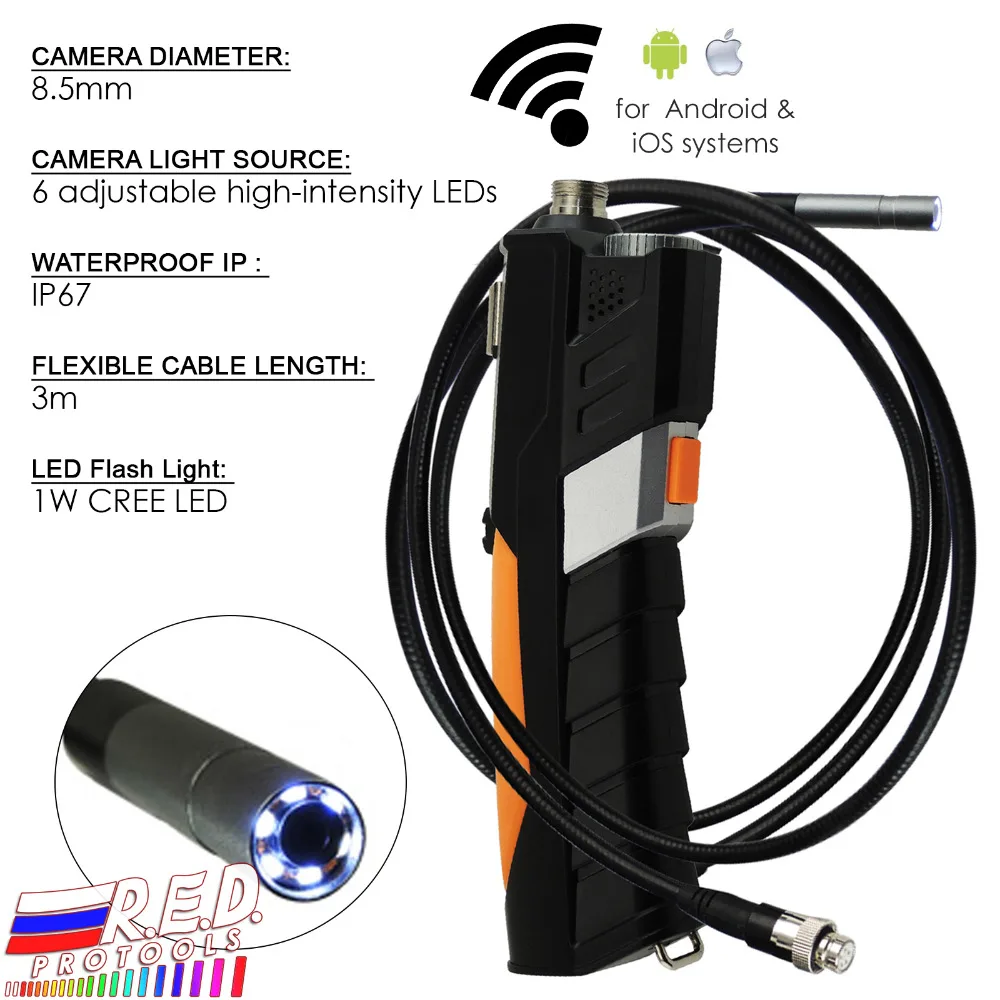 

HD Waterproof 3M iPad IPhone iOS Android WiFi Inspection 8.5mm Camera Borescope Snakescope Endoscope 3 Meter Flexible Cable