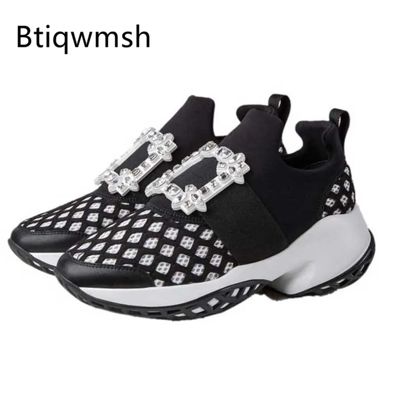 

2019 Breathable Mesh Sneakers Woman Round Toe Rhinestone Buckle Thick Bottom 5CM Height Increase Flat Shoes Woman Loafer Shoes