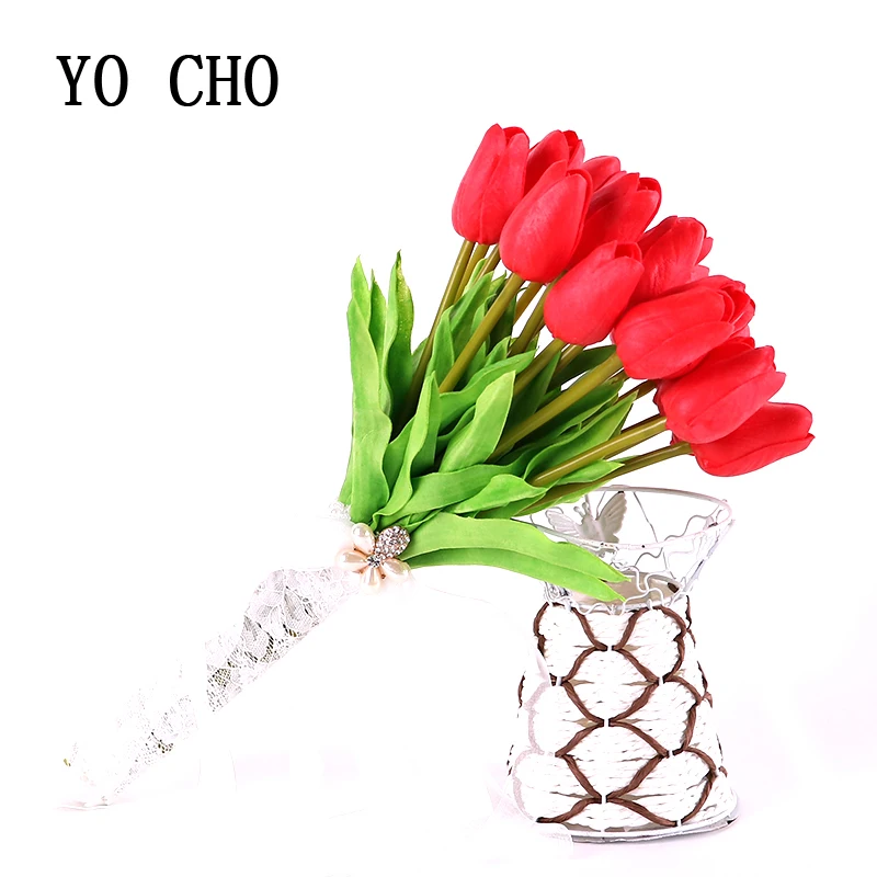 YO CHO DIY Real Touch PU Tulip Bridesmaid Bridal Bouquets artificial flowers High Quality artificial Brides Wedding Flowers