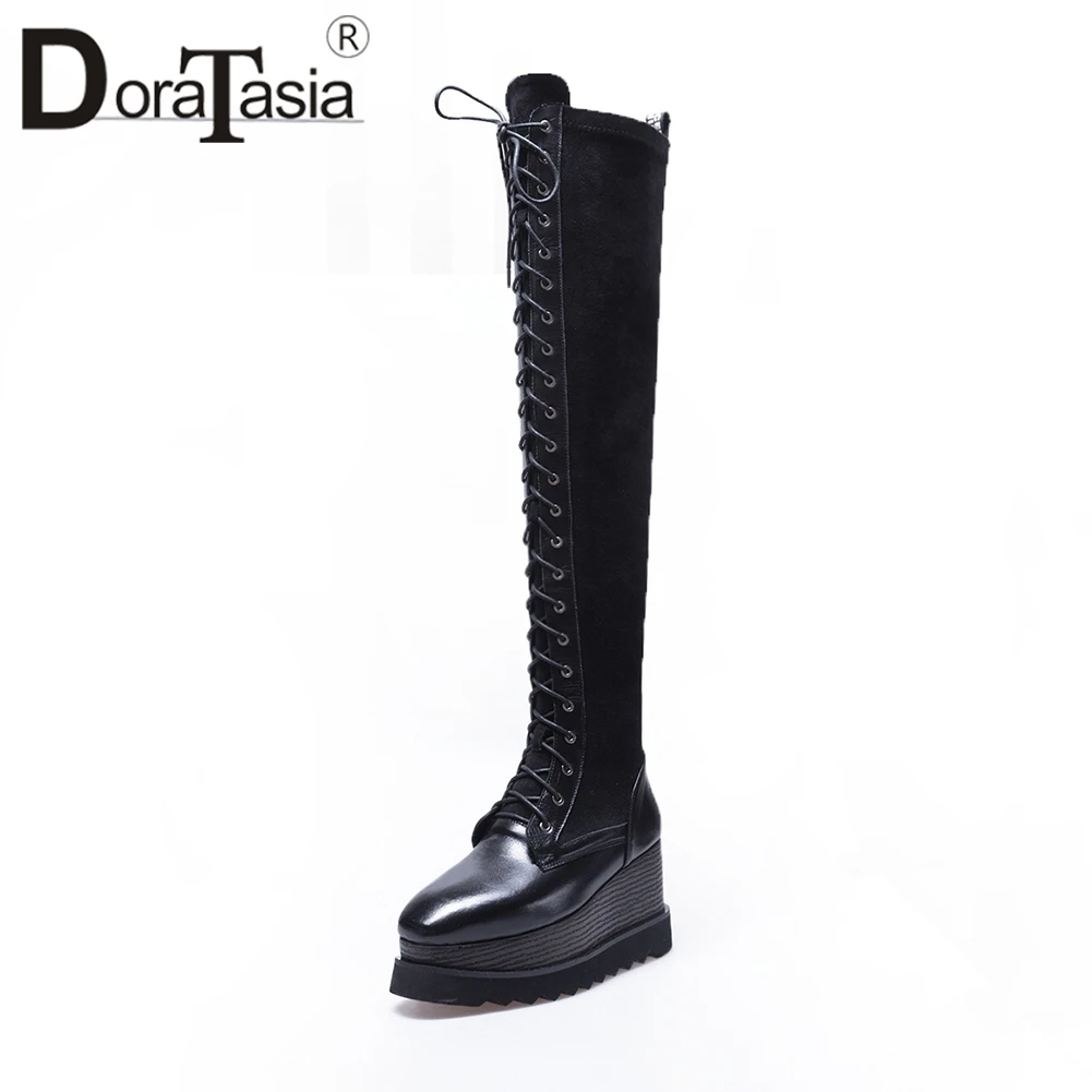 

DORATASIA 2019 Autumn Sexy Sweet Genuine Leather Platform Over The Knee Thigh High Boots Women lace-up Casual Wedges Shoes Woman