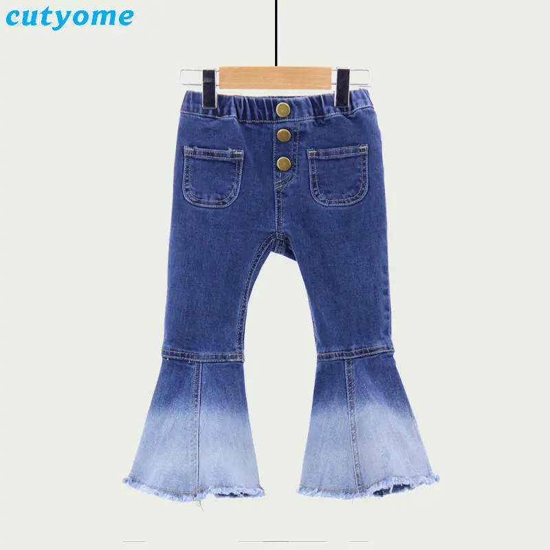 Kids Girls Bell Bottom Jeans Pants Children Elastic Waist Wide Leg