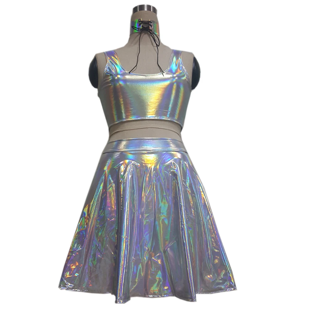 Голографические колье юбка фестивальный рейв одежда наряды комплект: укороченный топ и юбка Высокая талия с коротким и широким подолом, юбка