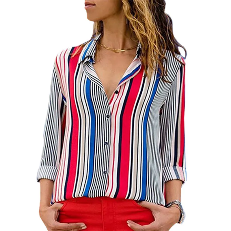 Женские блузки, шикарная офисная рубашка в полоску с принтом,, модная шифоновая блуза с длинным рукавом, повседневные женские рубашки размера плюс - Цвет: 115HongLanT