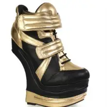 Новая мода странные каблуки босоножки ботильоны панк стиль платформы короткие сапоги клуб носить золотые кожаные сапоги