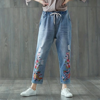 

Casual Vintage Retro Hippie Boho Embroidery Floral Loose Baggy Jeans Denim Blue Women Harem Pants Ladies Pantolon Fall Trousers