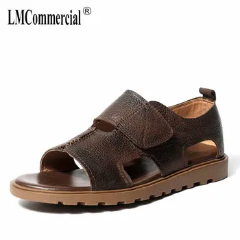 

summer mens youth Open toe Roman sandals Genuine leather breathable men casual shoes all-match cowhide Flip Flops Slippers male