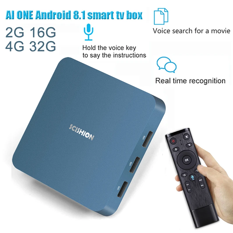 AI ONE tv BOX Multi-language 4 К четырехъядерный HDR Movie Set-top Android 8,1 Netflix YouTube Google Smart Android с голосовым управлением