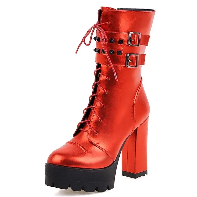 

Ladies shoes woman platform boots autumn Ankle boots genuine leather sapatos femininos round toe square high heels boot