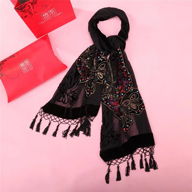 Цветок большой размеры бархат Шелковый шарф хиджаб для женщин девушка элегантный шаль печати Классическая упаковка глушитель Femme теплые Mujere Bufanda - Цвет: Black 2