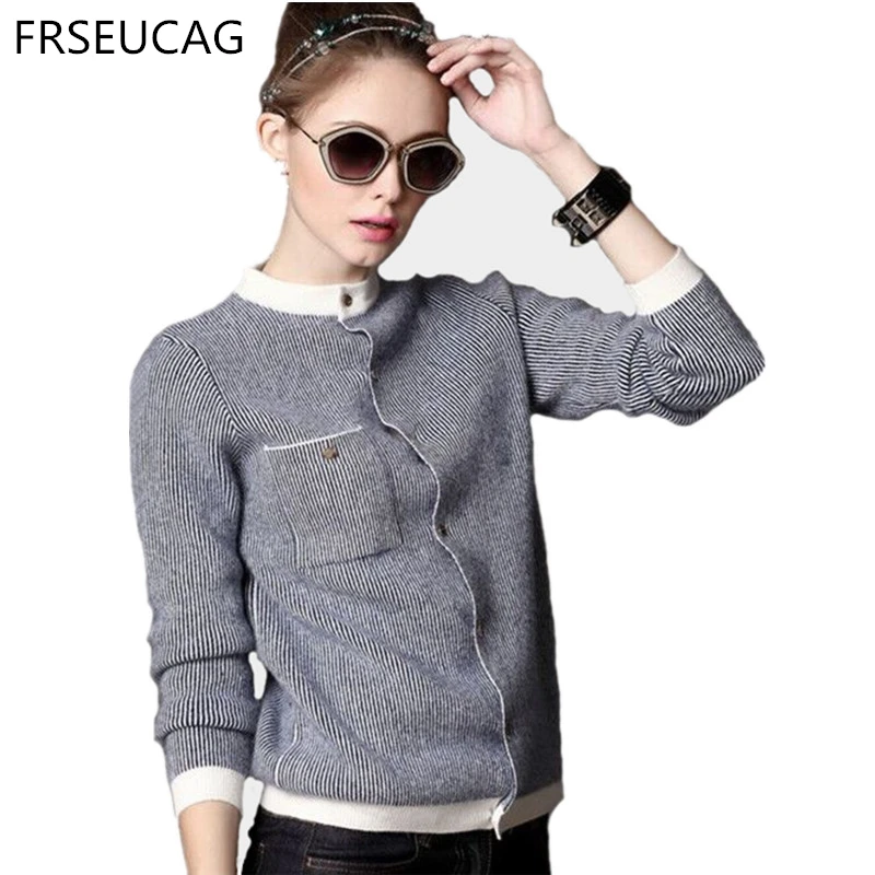 

FRSEUCAG Spring and Autumn cashmere sweater new knitted cardigan women semi-high round neck short section thick sweater coat