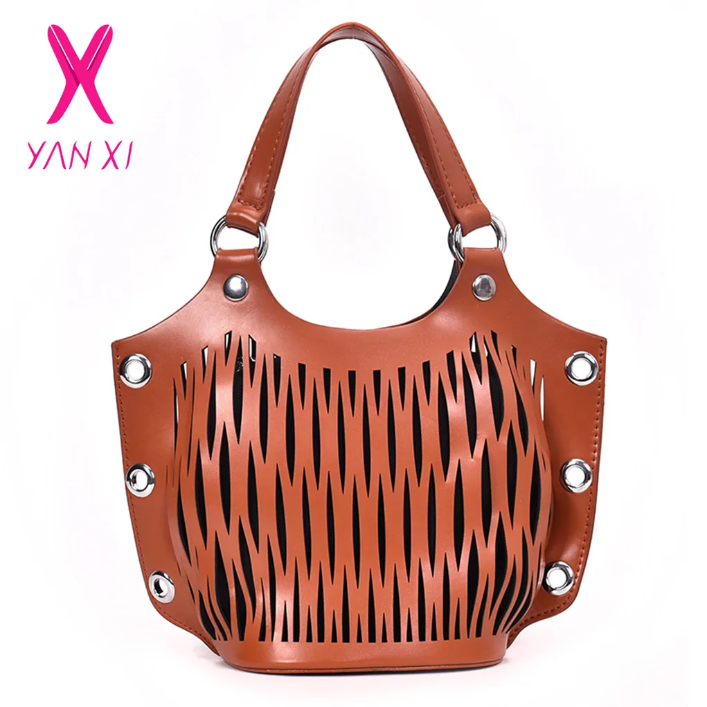 

YANXI Hollow Out Women Bucket Bags Rivet Casual Shoulder Bag High Capacity Women Messenger Bags Ladies Handbags Composite Bag