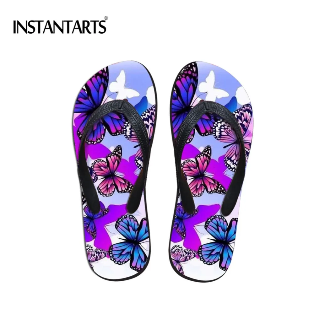 INSTANTARTS Colorful Butterfly Pattern Summer Casual Flip Flops Women Beach Comfy Rubber Slipper Flip-flop for Ladies Flat Shoes | Обувь