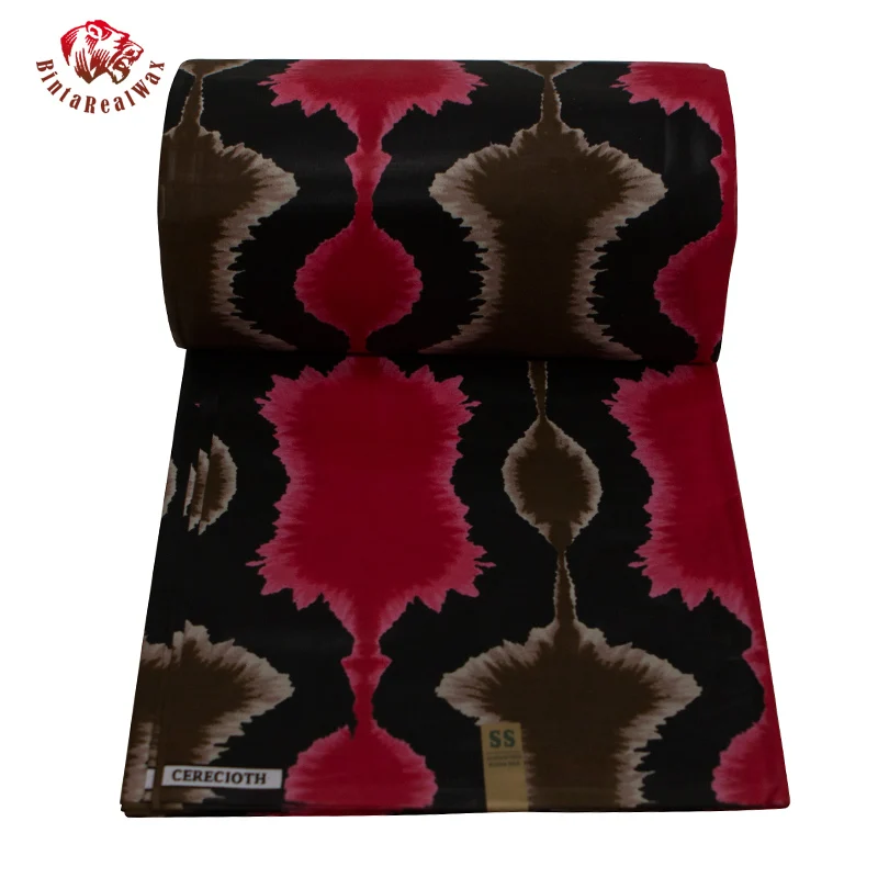 Анкара Африканский Воск печатная ткань BintaRealWax Африканский парафинированный хлопок ткань красный и черный и коричневый Анкара Африканский батик 24FS1257
