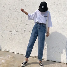 S-xl Осень корейский стиль Высокая талия джинсы для женщин свободные прямые джинсы джинсовые брюки женские(Z8333