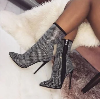

Sexy Bling Bling Crystal Womens Boots Ankle Pointed Toe Thin Heels Women Zipper Boots Rhinestone Women Ankle Boots High Heels