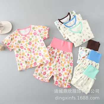 

Gauze Half-sleeve Belly Jacket Children's Short Sleeve Jacket Pure Cotton Summer T-shirt Baby Shorts Two Sets