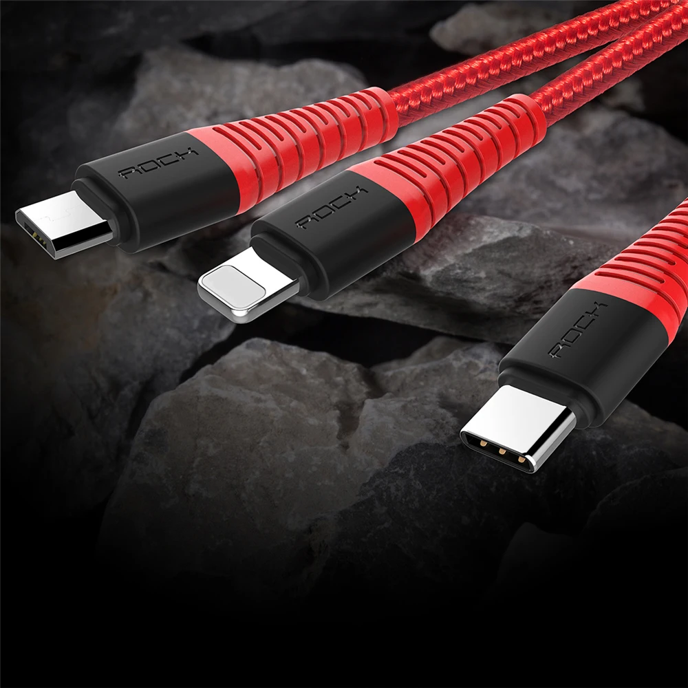 Rock 3 в 1 usb type C кабель для iPhone Xs Max X 8 7 6 s 3.0A провод для быстрой зарядки для Lightning Xiaomi mi9 samsung s10 huawei p30