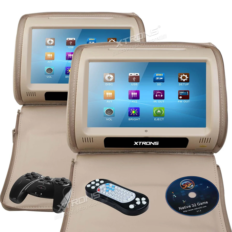 Excellent 2x9" Headrest Car DVD Monitor Digital Touch Screen Support 32 Bits Games Cover With Zipper Pillow Built-in IR FM Backseat Video 4