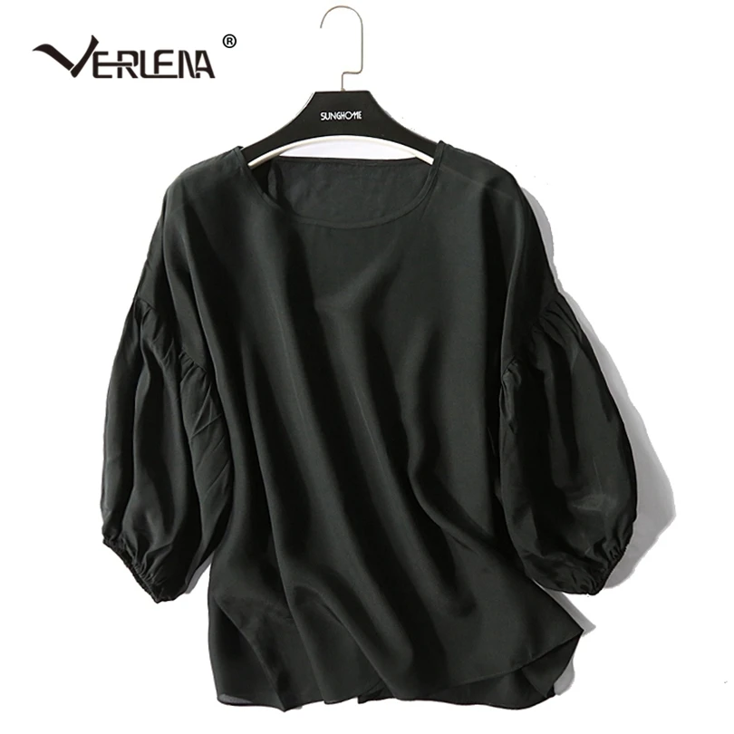Verlena/Повседневная однотонная черная шелковая блузка с объемным рукавом для женщин, круглый вырез, половина рукава, эластичные манжеты, крутые летние топы, женская одежда
