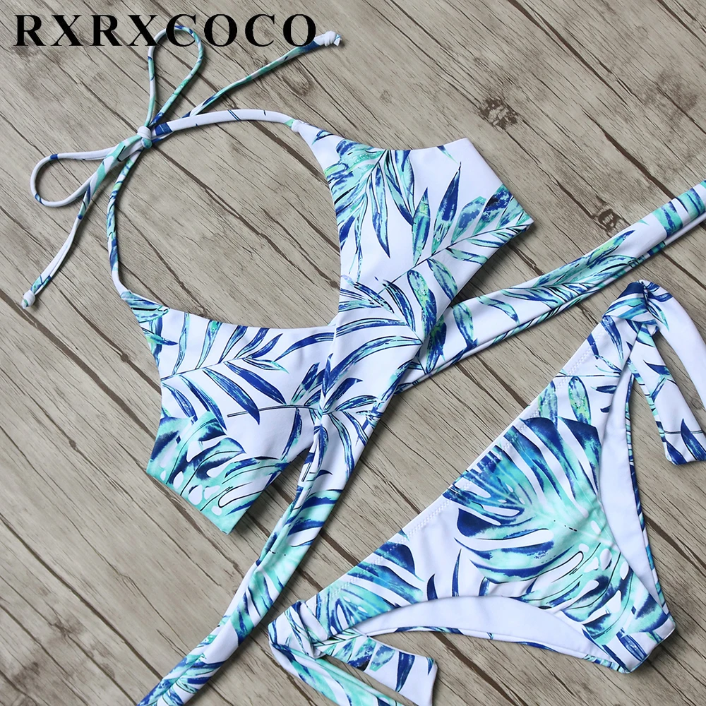

RXRXCOCO Brand Swimwear Women Printed Bikini Set Sexy Halter Bandage Swimsuit Female Push Up Bathing Suit Padded Beach Bikinis