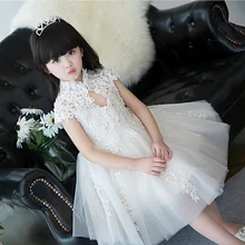 Белое кружевное платье с бусинами и цветочным узором для девочек, пышное свадебное платье с высоким воротником для девочек, элегантное вечернее платье вечерние для подростков, платье для первого причастия