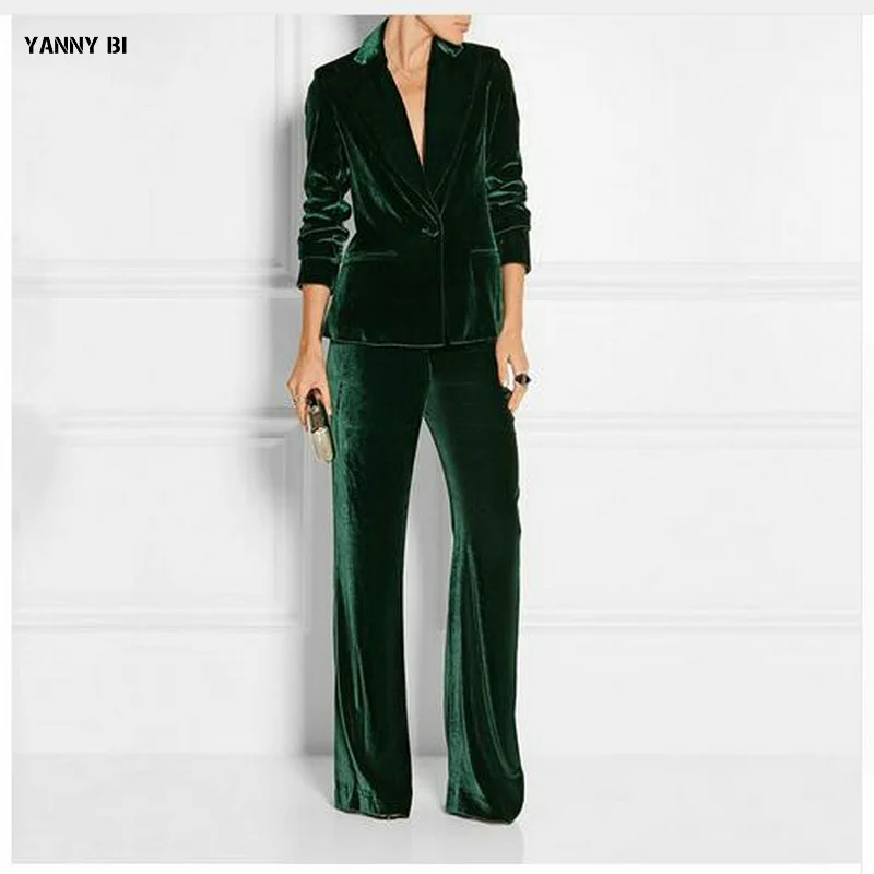 New Elegant Pant Suits Slim Women Office Business Suits Formal Work Wear 2 Piece Sets Dark Green Velvet Ladies Trouser Suits New Elegant Pant Suits Slim Women Office Business Suits Formal Work Wear 2 Piece Sets Dark Green Velvet Ladies Trouser Suits