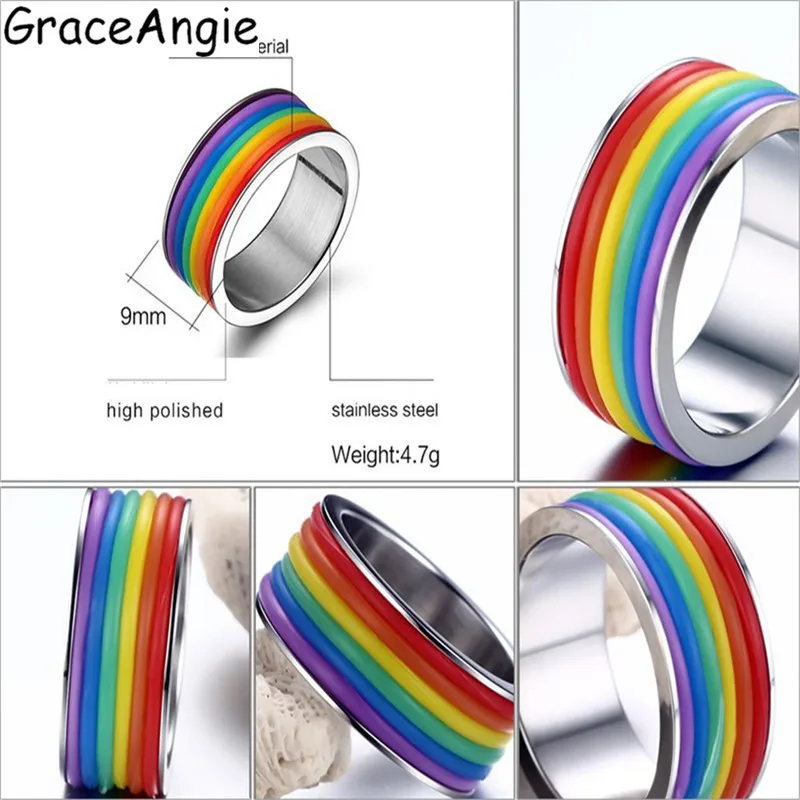 

GraceAngie 1PC Rainbow Outside Stainless Steel Rings For Groups Stunning Jewelry for Gay Lesbian Party Commitment Wedding