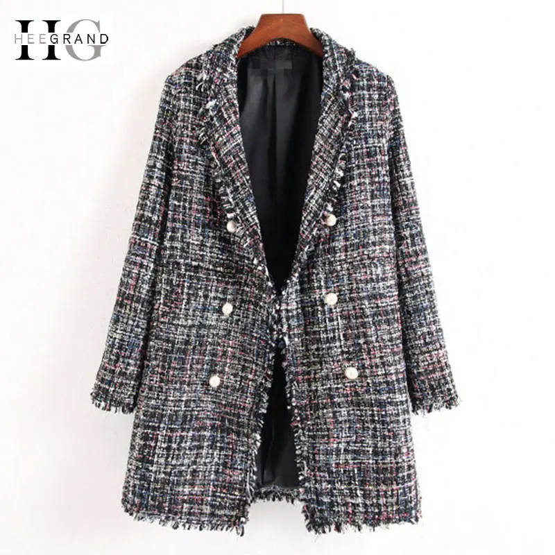 

HEE GRAND 2018 Autumn Winter Women Wool Coat Fashion Pearls Buttons OL Jackets Checkered Tweed Plaid Coats and Outwears WWN1204