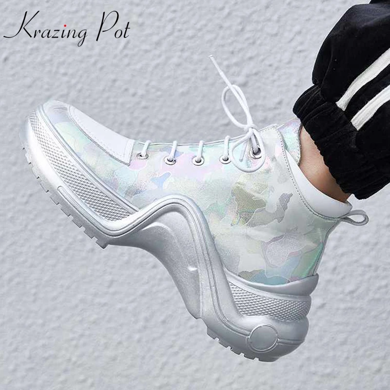 

Krazing Pot new genuine leather brand shoes for Winter princess style round toe sneaker wedges thick bottom vulcanized shoes L96