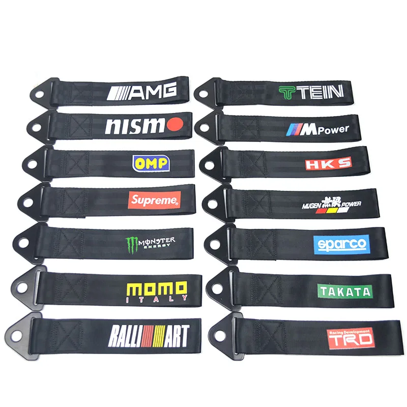 

Black Towing Rope Racing Car Universal Tow Eye Strap Tow Strap Bumper Trailer High Strength Nylon High Quality JDM With14Logos