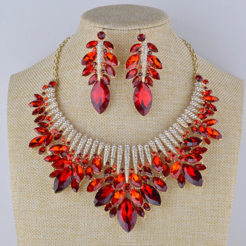 Buy Bridal wedding Red color Jewelry sets Rhinestone necklace with earrings