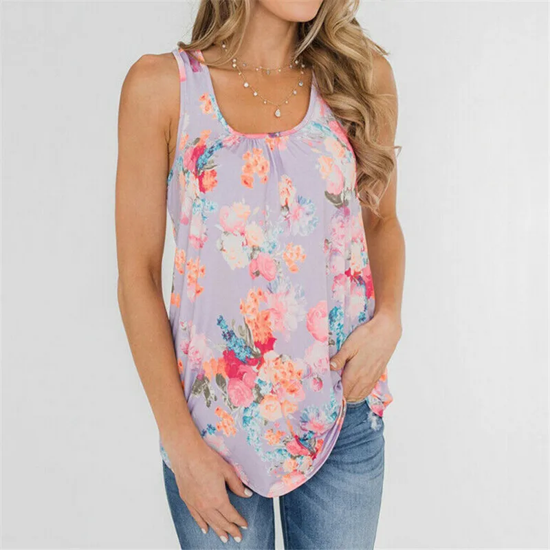 

Women T Shirt Sexy Floral Shirt Sleeveless Loose Top O Neck Tunic Woman T-shirt Tops Ladies Clothes Loose Flower Print Women Top