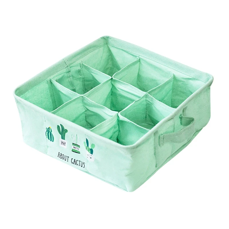 9 Grids Cactus Print Storage Box Cotton Linen Clothing Storage Sundries basket Home Organizer - Цвет: Green