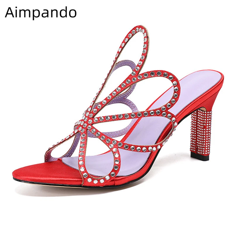 

New Design Fairy Crystal Pansy Gladiator Sandals Women Jewelled High Heel Sandalias Open Toe Cut Outs Rhinestone Summer Shoes