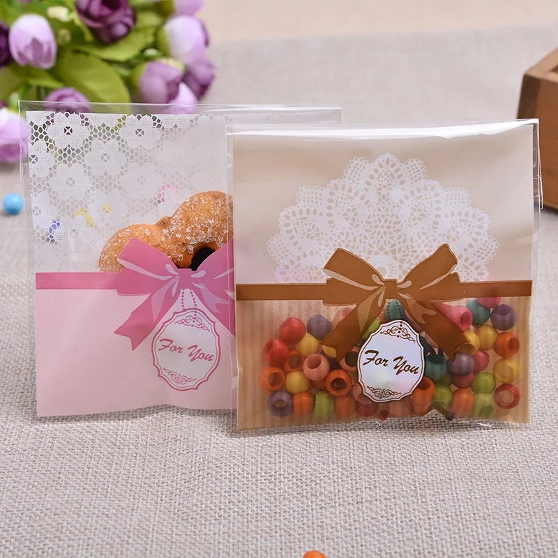 

100pcs 10*10+3cm OPP Coffee/Pink Bow Self Adhesive for Cookie Snack Package Plastic Bags Wedding Candy Gift Packaging Bags B116